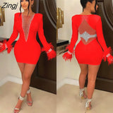 Women Mini Dress Feathers Sheer Mesh Diamond Streetwear Party Night Slim Fitness Dresses For Women