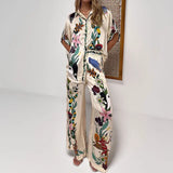 2025 Women's Fashion Print Collar Single Row Buckle Trousers Casual Fashion