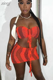 Crochet Striped 2 Piece Set Women Summer Halter Bandage Wrapped Chest Crop Tops+Skirts Vacation Party Clubwear