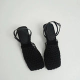 Fashion Retro Weaving Emptiness Square Head Coarse Heel Casual High-Heeled Women's Sandals In The Summer Of