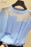 O-neck Short Sleeve Knitted Tops Patchwork Ice Silk Blusas Women Pullover Fashion Thin Blouse Mujer De Moda 2023