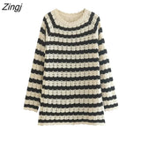 Women Vintage O Neck Striped Jacquard Mesh Net Knitted Sweater Female Long Sleeve Chic Pullover Casual Loose Tops