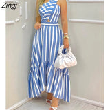 Elegant One Shoulder Striped Colorblock Sleeveless Asymmetric High Waist Casual Maxi Dresses Fashion Sexy Skinny