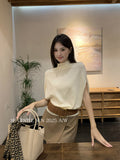 Xixi 2025 Autumn New White Standard Temperament High-Neck Solid Color Knit Shirt Short-Sleeve Top Lady