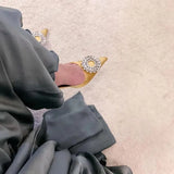 Silk Satin Rhinestone High Heel Shoes Women's Autumn and Winter New Mid Heel Pointed Toe Shallow Mouth Classy