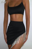 Chain Tassels Diamond 2 Piece Set Elastic Satin Strap Backless Tanks Crop Tops Mini Skirts Women 2023 Summer