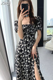 French Sexy Bodycon Black Floral Square Collar Office Lady Midi Chiffon Dress Women Party Elegant Clothes Summer