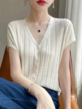 Spring And Summer New V-Neck Button Outside The Cardigan Lady Elegant Ocean Simple Thin Knit Short