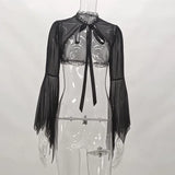 Vertical Collar Lace Splicing Strap Burnt Cuff Blouse Dark Wind Short Style Perspective Blouse
