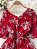 Women Floral Dress Vintage Red/Blue/Pink/White Sexy V-Neck Short Flare Sleeve High Waist Elegant A-Line Vestidos 2023