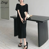 Women Loose Popular Tender Backless Femme Summer Round Neck Minimalist Vestidos Streetwear Mujer Casual Chic Solid