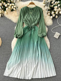 Draped Long Dress Women Elegant V-Neck Puff Sleeve High Waist Pleated A-Line Party Vestidos Female Spring