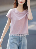 Style Lace Splicing Design Short-Sleeved T-Shirt 2025 Summer New Age-Reduce Round Collar Small Short