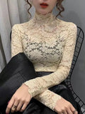Zingj Color Lace Bottom Shirt Female Spring Versatile Half Turtleneck Small Shirt Jacket Hollow Out Sexy With Long Sleeve Bottom