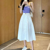 Women Cotton Skirt 2023 Spring Summer Preppy Style Solid Casual Elegant Pocket Elastic High Waist A-Line Midi Skirts
