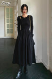 Knitting Maxi Wedding Dresses for Women Clothing O Neck Office Lady Casual Pockets Bodycon Midi Dress Winter 2023