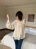 Xixi 2025 Autumn White Standard Temperament Romantic Lotus Leaf With Chiffon Shirt Long-Sleeved Shirt