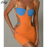 Metal Shell Hollow Out Women Dress Orange Patchwork Spaghetti Strap Zipper Dress Female Summer Skinny Elegant