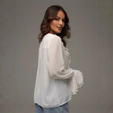 Women's New Fashion Lotus Leaf Side Long-Sleeved V Tie With Shirt Shirt