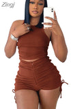 Sport Summer Clothes for Women 2 Piece Sets Drawstring Zipper Rib Shorts and Crop Top Casual Sexy Outfits