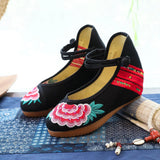 Zingj Heels Single Shoes Beef Tendon Bottom Spring And Autumn Style A Word Buckle Buckle Embroidered Cloth Shoes Slope Heel Women's