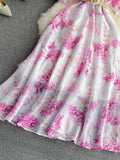 Women Printed Chiffon Dress Elegant V-Neck Short Puff Sleeve High Waist A-Line Vintage Vestidos With Sashes New