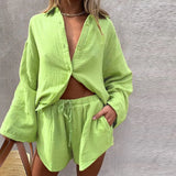 Spot 2025 Summer Women's Fashion Loose Long-Sleeved Shirt Casual Shorts Two-Piece