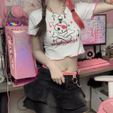 Zingj Top Female 2024 Summer Hot Girls Ins Harajuku Dark Cartoon Print Round Collar Short Sleeve Crop T-Shirt