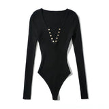 Long-Sleeved V-Neck Buckle Autumn And Winter T-Shirt Hottie T-Shirt Girl Solid Color Bottom Sexy Blouse