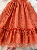 Women Hollow Out Lace Two Piece Set Orange/Purple/White Slash Neck Puff Sleeve Tops + High Waist Ruffle Skirt Beach