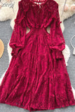 Autumn Women Lace Midi Dress Vintage Round Neck Lantern Long Sleeve High Waist A-Line Elegant Party Robe New Fashion