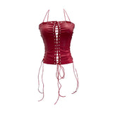 Babes Hollow Strapped Braped Pu Skin Top Female Tight Sexy Short Hanging Neck Vest