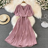 New V-Neck Short-Sleeved Dress Over Knee-Repaired Lady's Waist Tie Mid-Slap