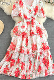 Women Floral Chiffon Draped Long Dress Vintage V-Neck Short Puff Sleeve High Waist Ruffle Pleated Vacation Beach Robe