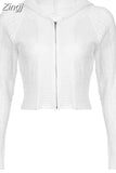 Casual Basic White Cardigans Knit Sweaters Tops Korean Fashion Zip Up Hooded Sweater Jacket Solid Short Autumn