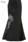 Chinese Style Vintage Fashion Dragon Print Long Skirt Lace Up Ruffles Elegant Women Skirts High Waist Gothic