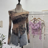 Shot Shoulder Strap Hanging Neck Pure Lust Wind Long-Sleeved T-Shirt Repair Cross-Folded Open Fork Short Top