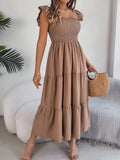 Shooting 2025 Summer Solid Color Square Lead Wood Ear Waist A Word Dress Women's