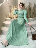 Ripe Wind High Waist Round Collar Dress Spring And Autumn New Temperament Solid Color To Show Thin Waist Swing 100 Rhetum Long
