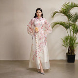 Court Dress Female Senior Sense Strap To The Waist Lantern Sleeve Print Single Buckle Mesh Elegant