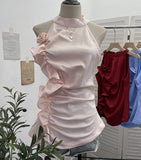 Design Sleeveless Leaves Three-Dimensional Flower Blouse Atmosphere Slimming Waist