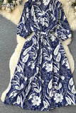 Women Vintage Printed Dress Elegant V-Neck Puff Sleeve High Waist A-Line Midi Robe Female Vacation Beach Vestidos