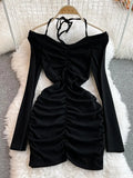 Autumn Black/Red Sexy Halter Draped Sheath Dress Women Elegant V-Neck Long Sleeve Bodycon Party Robe Female New