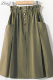 Women Summer Skirt Spring Korean Style Casual Solid High Waist A-Line Midi Skirts With Pocket Girls Elegant