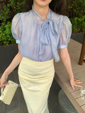 Xixi 2025 Summer New Thousand Gold Wind Bow Tie With Bottom Shirt Women's Long-Sleeved Top