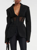 Trend Top 2025 Autumn New See-Through Sexy Mesh Stitching Lapel Suit Jacket