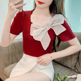 Shot Summer New Square Collar Short Sleeve Bow Bubble Sleeve Design Sense Joker Head Shirt