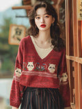Cartoon Embroidery V-Neck Knitted Sweater Women's Autumn And Winter Lazy Wind Loose Leisure Holiday Two Age Reduction