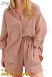 Women's 2 Piece Casual Outfits Loungewear Set Loose Comfy Long Sleeve Button Down Shirt + Elastic Waist Mini Shorts