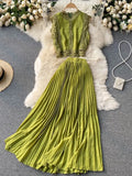 Lace Chiffon Two Piece Set Women Vintage Beach Party Sleeveless Short Tops Pleated Long Skirt Female 2pcs
